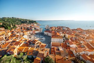Beautiful aerial view on Piran town with Tartini main square on the Adriatic Sea Coast.